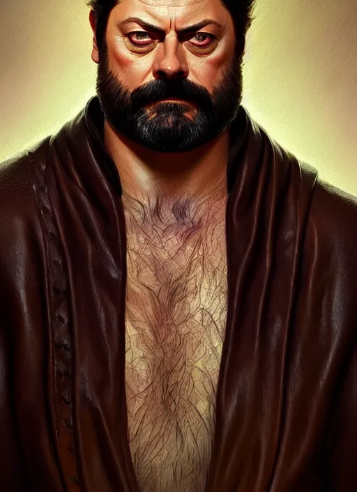 Prompt: portrait of nick offerman, long beard, intricate, leather robes! elegant, muscular! highly detailed, digital painting, artstation, concept art, smooth, sharp focus, illustration, art by artgerm and greg rutkowski and alphonse mucha