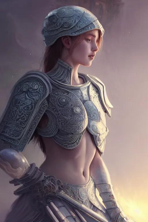 Image similar to portrait young knights of Zodiac girl, matt white color armor, in ruined Agora of Athens Sunrise, ssci-fi and fantasy, intricate and very beautiful and elegant, highly detailed, digital painting, artstation, concept art, smooth and sharp focus, illustration, art by tian zi and WLOP and alphonse mucha