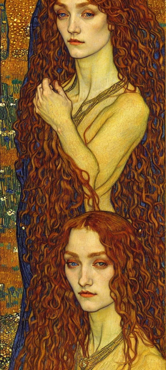 Image similar to detailed realistic beautiful young medieval queen face portrait by jean delville, gustav klimt and vincent van gogh, art nouveau, symbolist, visionary, gothic, pre - raphaelite, muted earthy colors, desaturated