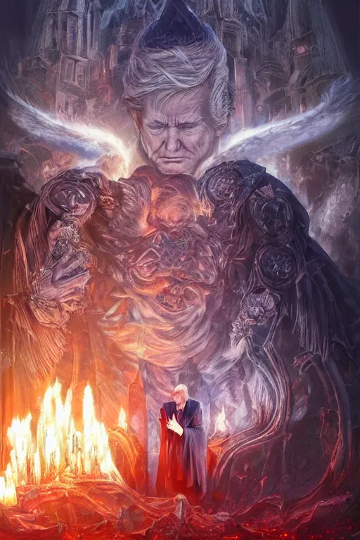 Image similar to Donald Trump praying to the Dark Gods at the unholy temple of DarkMAGA, highly detailed, digital art by Ross Tran and Greg Rutkowski
