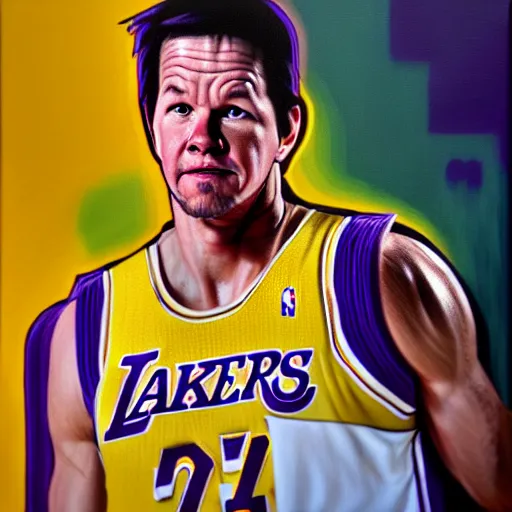 Image similar to portrait of mark wahlberg playing basketball in a lakers uniform, oil on canvas by william sidney mont, trending on art station
