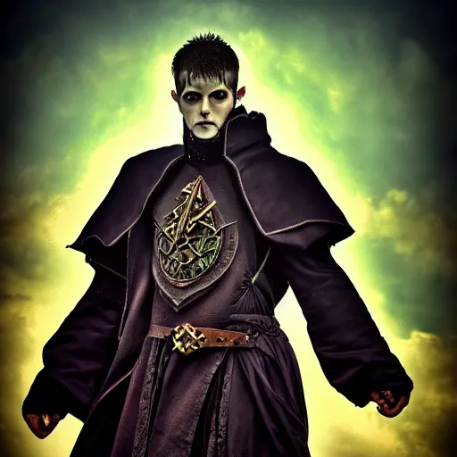 Image similar to portrait of a male warlock,Grim fantasy, D&D, HDR, natural light, medium close shot, dynamic pose, award winning photograph, Mucha style