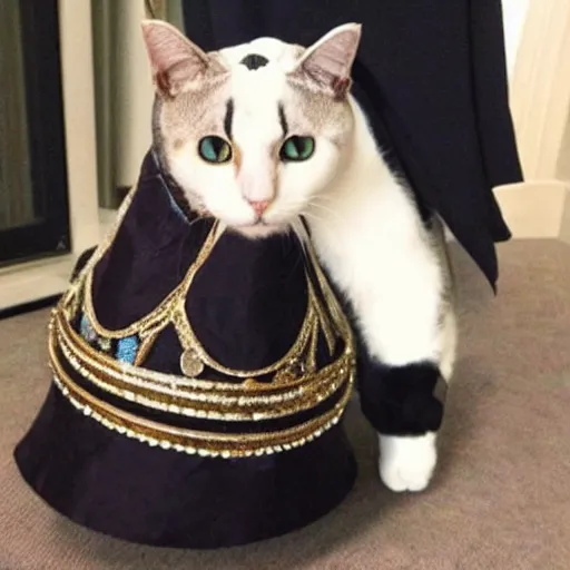 Image similar to a cat dressed up as queen elizabeth