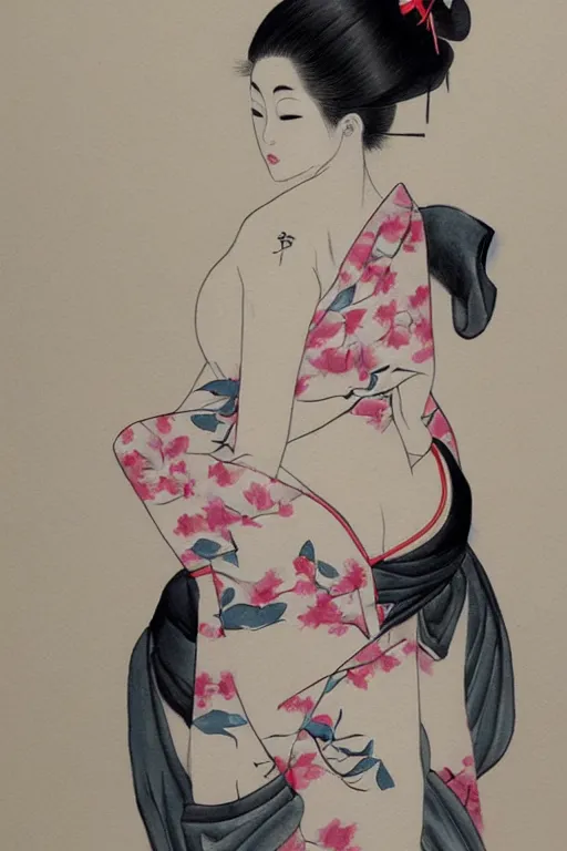 Image similar to extremely sensual geisha full body, seductive pose, uncovered shoulder, different point of view, digital art, 8k, character, realistic, portrait, photorealism, japan watercolour, masterpiece art