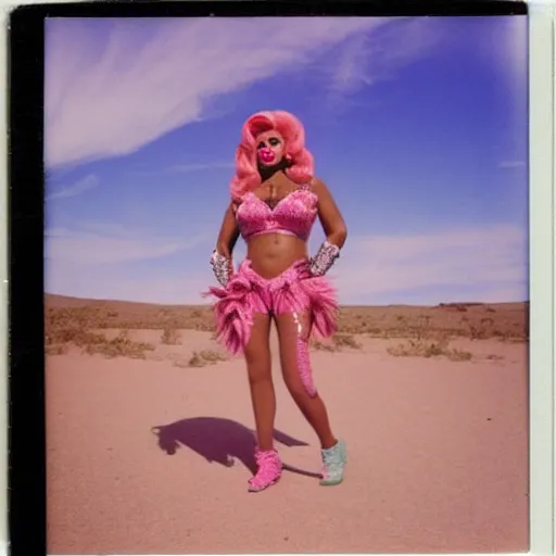 Image similar to drag queen pink paradise in desert, polaroid photo, perfect photo, photo pinterest