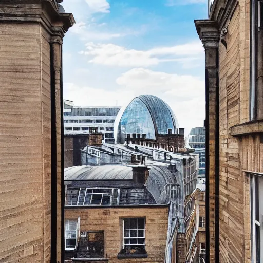 Image similar to “a rooftop cityscape viewed from inside a listed regency building in central london, 4K”