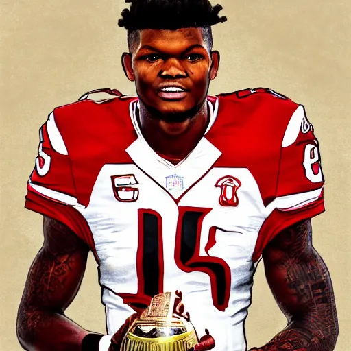 Image similar to a portrait of Lamar Jackson holding Lombardi Trophy, detailed and realistic face, 8k