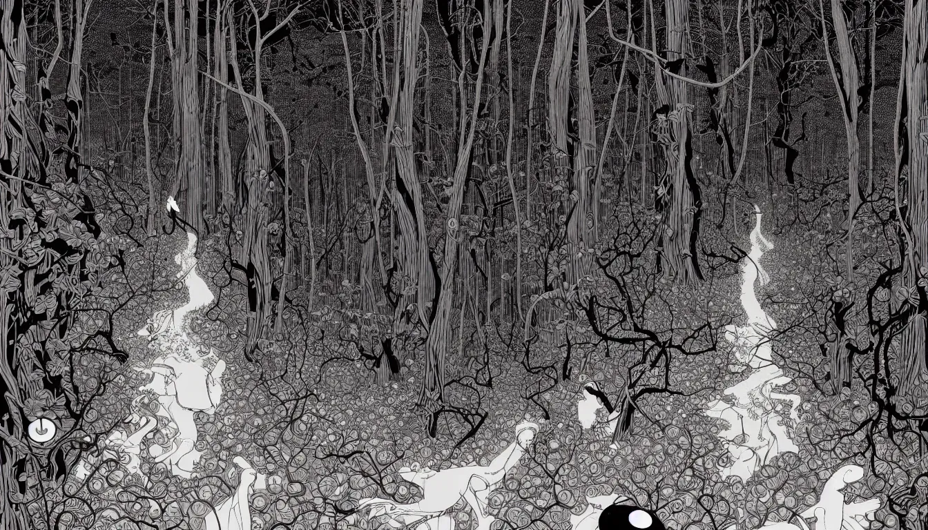 Prompt: forest path by balmy enso, jamie hewlett, nicolas delort, moebius, victo ngai, josan gonzalez, kilian eng