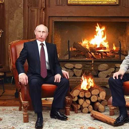 Prompt: vladimir putin in a waistcoat staring at a log fire photograph symmetric