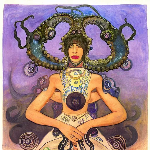 Image similar to the tentacle crown, by Annie Swynnerton! and Nicholas Roerich and (((Diego Rivera))), bioluminescent skin, tattoos, elaborate costume, geometric ornament, symbolist, rich colors, dramatic lighting, smooth, sharp focus, extremely detailed