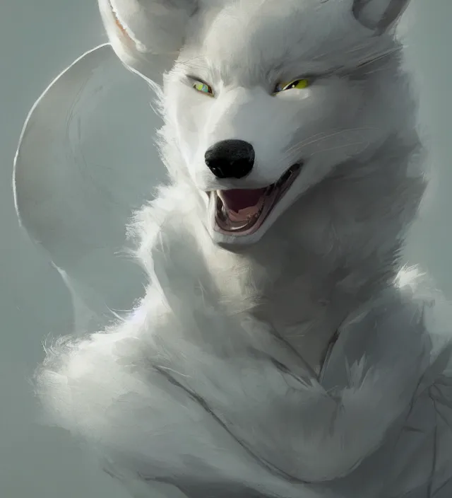 Image similar to a beautiful portrait of a handsome male anthropomorph white wolf furry fursona wearing a hoodie. character design by cory loftis, fenghua zhong, ryohei hase, ismail inceoglu and ruan jia. artstation, volumetric light, detailed, photorealistic, rendered in octane