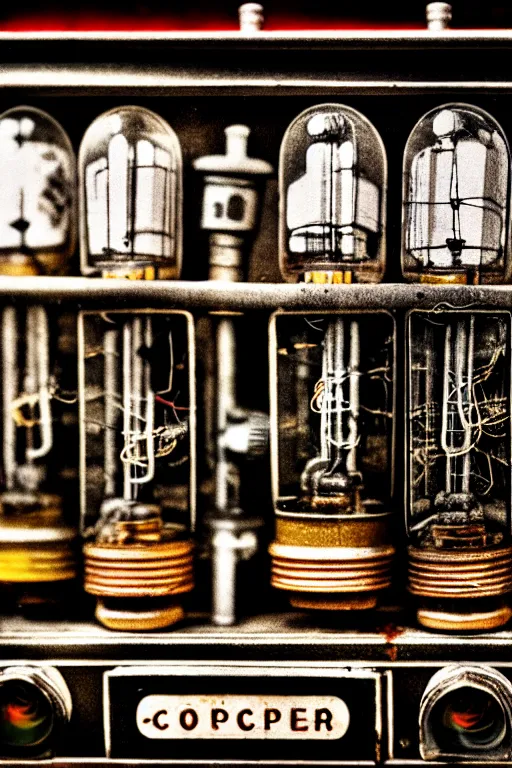 Prompt: A photo of a very old opened camera with vacuum tubes, capacitors and coils inside, through a dirty store window by Wes Anderson, grungy, weathered Ultra detailed, hyper realistic, 4k