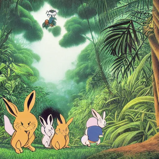 Image similar to rabbits chasing in tropical rainforest, hayao miyazaki