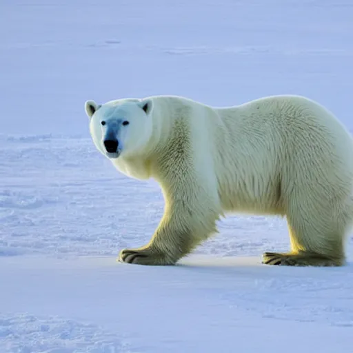 Image similar to The polar bear is white and fuzzy, and it's walking across a field of snow. The snow is deep and pristine, and the air is frigid. The polar bear is trudging through the snow, its head down and its breath visible in the cold air, by wu daozi, qiu ying, gu gaizhi