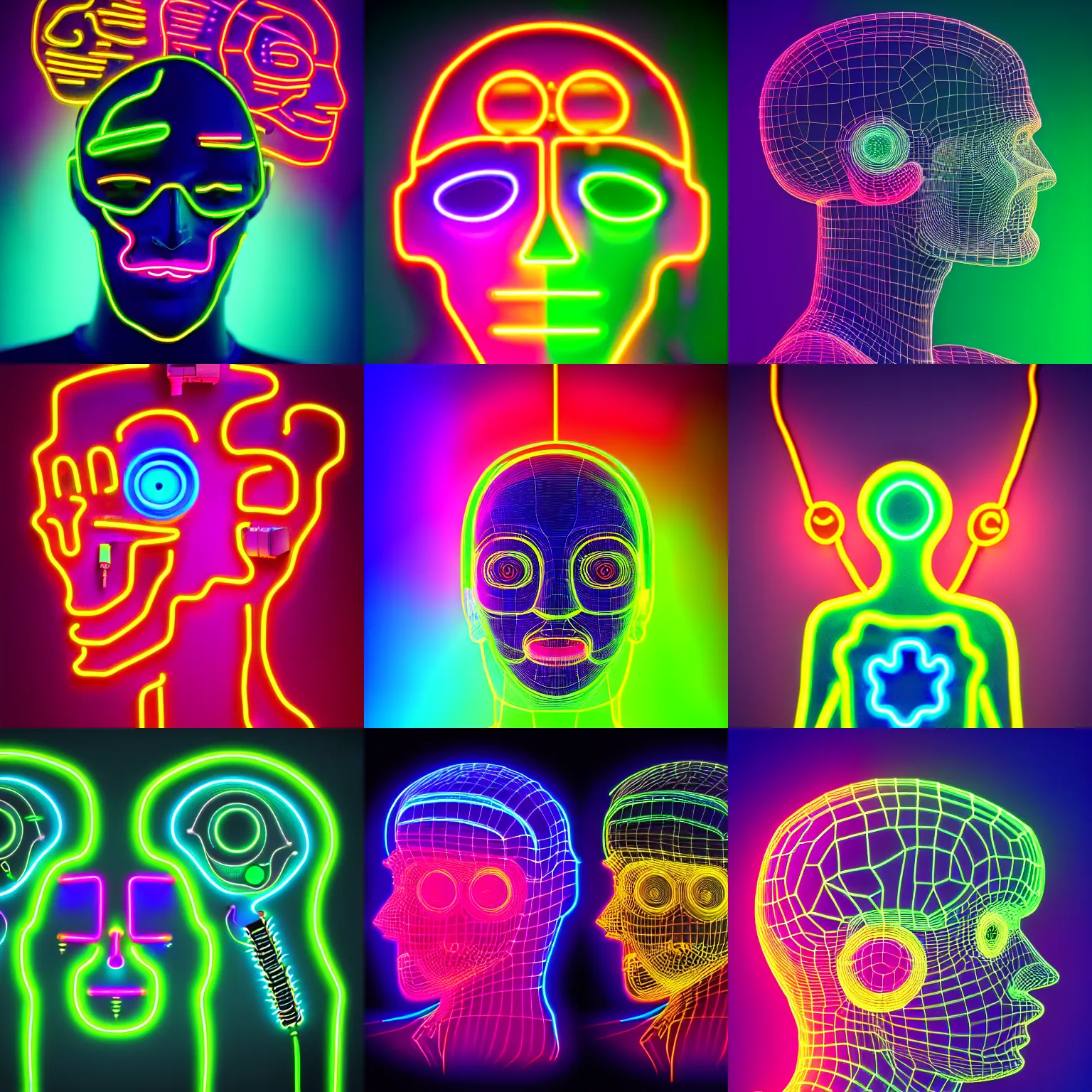 Prompt: neural colorful neon glowing connections in the 3 d brain with threads to eyes on the head of a cyborg in shiny magic fog, three heads, two eyes, bat ears, big mechanical neon body, caterpillar antennae, robotic mouth, mechanical face, x - ray, ultra realistic, hight detailed, steampunk, portrait, 8 k