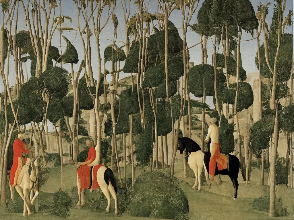 Image similar to Three men on a black horse are entering a cave ferns palms. Painting by Piero della Francesca
