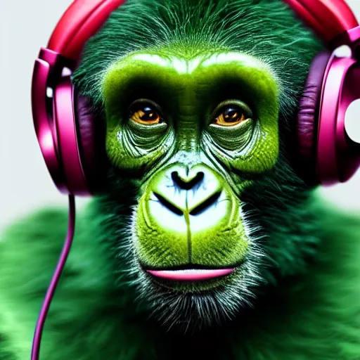 Image similar to a high quality photo of a green chimp wearing headphones, realism, 8k