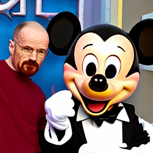 Image similar to walter white and jesse pinkman doing a selfie with mickey mouse, realistic