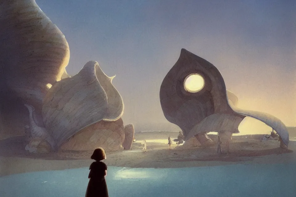 Image similar to atmospheric painting of a giant seashell house, a young girl stands outside, by moebius and john harris, atmospheric blues, concept art, saturation 40