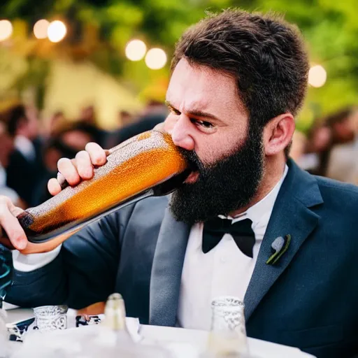 Prompt: caveman drinking beer at a wedding in real life, realistic, hyper realistic, 8 k, 4 k uhd, great detail, detailed, intricate detail