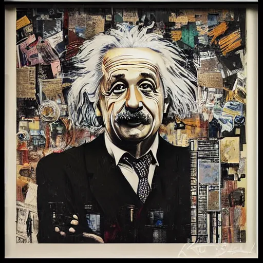 Image similar to portrait of albert einstein by karol bak, banksy, simon bisley, guy denning, mimmo rotella, ravi zupa