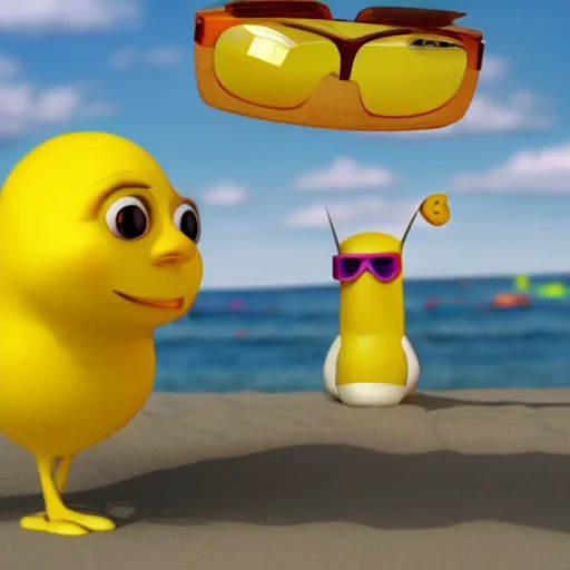 Prompt: 3D render, Pixar Still, Lemon Character wearing sunglasses relaxing on the beach