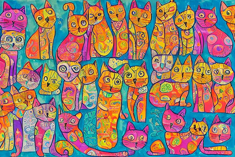 Prompt: beautiful art illustration of a group of cats by laurel burch, highly detailed