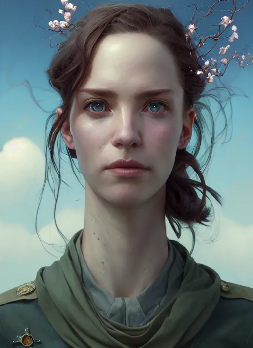 Image similar to highly detailed portrait of a female pilot, cracked porcelain skin, stephen bliss, unreal engine, fantasy art by greg rutkowski, loish, rhads, ferdinand knab, makoto shinkai and lois van baarle, ilya kuvshinov, rossdraws, tom bagshaw, alphonse mucha, global illumination, radiant light, detailed and intricate environment