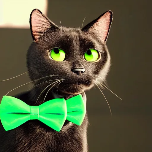 Image similar to cute black cat with white whiskers and green eyes, bowtie, high detail, rendered in octane, pixar style, studio photography