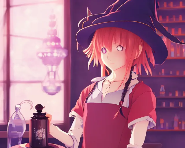 Image similar to anime visual, portrait of a young female traveler wearing a witch hat in a alchemist's potion shop interior, cute face by yoh yoshinari, katsura masakazu, cinematic luts, cold colors, dynamic pose, dynamic perspective, strong silhouette, anime cels, ilya kuvshinov, crisp and sharp, rounded eyes, moody