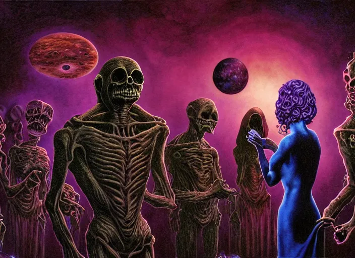 Prompt: detailed image of a creepy Wedding in the deep space by richard corben, rich deep colors. masterpiece . intricate artwork, very coherent symmetrical artwork, cinematic, hyper realism, high detail, octane render, unreal engine, 8k, Vibrant colors, Smooth gradients, High contrast, depth of field. by Katsuhiro Otomo, full body character drawing, inspired by Evangeleon, clean ink detailed line drawing, intricate detail, extremely detailed.