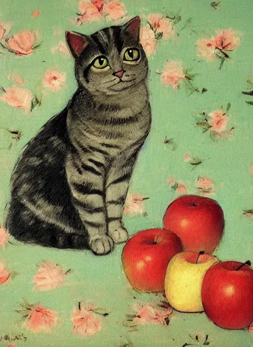 Prompt: vintage beautiful painting of a cat with apples in Mary Cassatt style