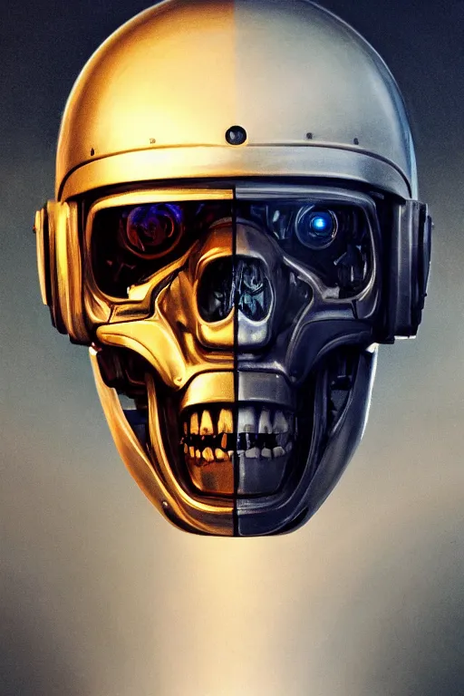 Prompt: Close-up portrait of a robot with a human white skull inside the helmet, dramatic backlighting, artificial eyes built with chips, golden hour, autochrome, high contrast, highly detailed, sharp focus, focused macro photography, digital painting, concept art, illustration, cyberpunk, solarpunk, trending on artstation, art by greg rutkowski and greg hildebrandt, composition by Alphonse mucha