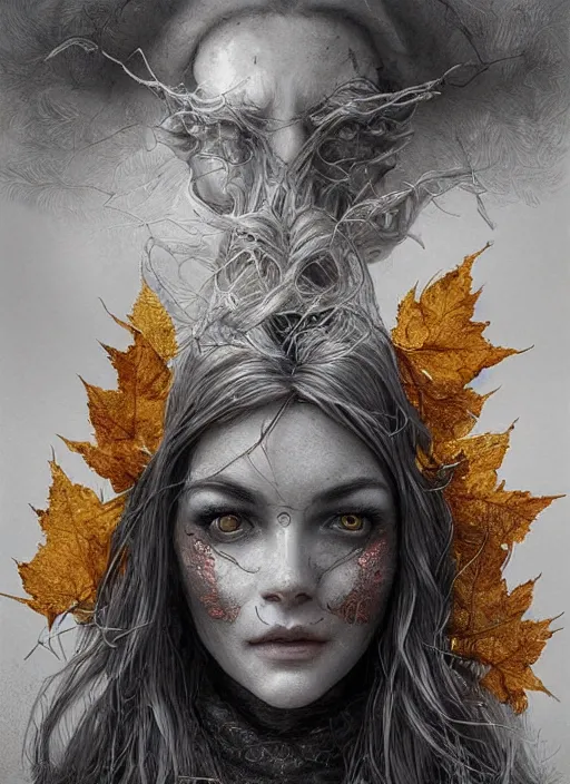 Image similar to golden leaves at frame border, creative!!! composition for a book cover!!!, absurdly beautiful, ultrafine hyperrealistic detailed old witch face by wlop and artgerm and greg rutkowski, intricate linework, sharp focus, smooth, octopath traveler, final fantasy, unreal engine, dramatic lighting, ethereal, 8 k