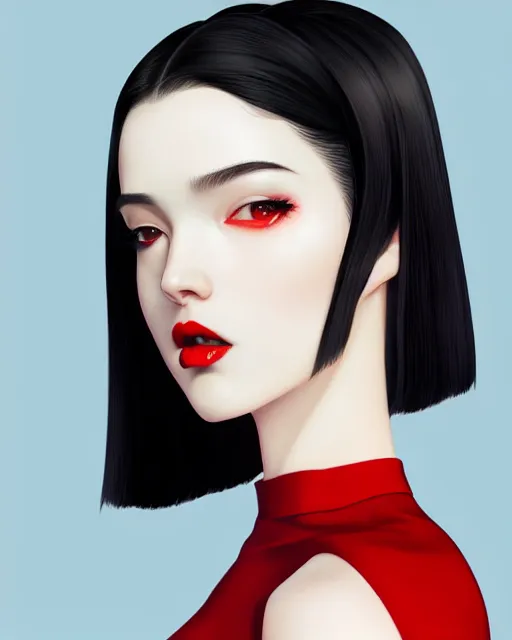 Image similar to side view of pale skin beauty in mini skirt and crop top, black hair, red lips, paint by ilya kuvshinov and ross tran and karol bak and stanley lau and anna dittmann and artgerm and xiaoguang sun and tian zi