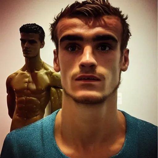 Image similar to “ a realistic detailed photo of a guy who is an attractive humanoid who is half robot and half humanoid, who is a male android, soccer player antoine griezmann, shiny skin, posing like a statue, blank stare, at the museum, on display ”