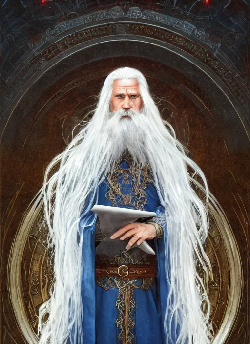 Prompt: medium - length portrait of a male wizard wreathed in arcane sigils with long white hair and glowing blue eyes, long white beard, dark brown skin, stern expression, wears a long robe, medieval setting, highly detailed, digital painting, artstation, concept art, sharp focus, illustration, art by greg rutkowski and alphonse mucha