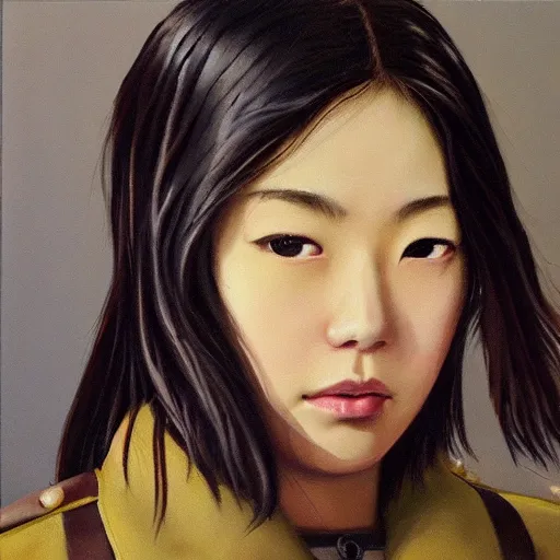 Image similar to perfect, realistic oil painting of close-up japanese young woman wearing leather jacket, in Fallout