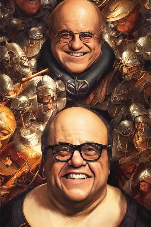 Image similar to portrait of danny devito wearing Elgast's helm by artgerm and Craig Mullins, James Jean, Andrey Ryabovichev, Mark Simonetti and Peter Morbacher 16k