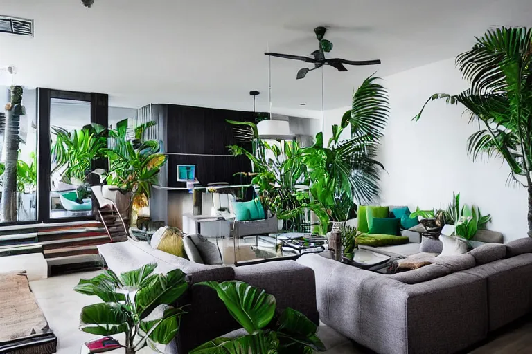 Image similar to tropical interior urban mangrove jungle inspiration modern apartment bachelor pad