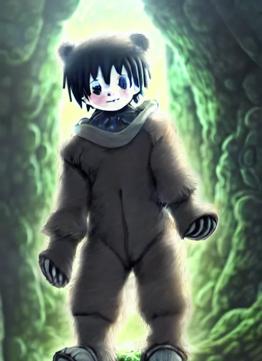 Image similar to beautiful little boy wearing an cyborg bear suit, artwork in kentaro miura and made in abyss and rosdraws, smooth, beautiful lightness, anatomically correct, trending on pixiv, forest