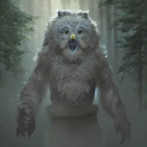 Image similar to a beautiful closeup shot from a fantasy film of a humanoid grey owlbear wearing a loose tunic. an anthropomorphic owlbear. golden hour. joseph ducreux, greg rutkowski.