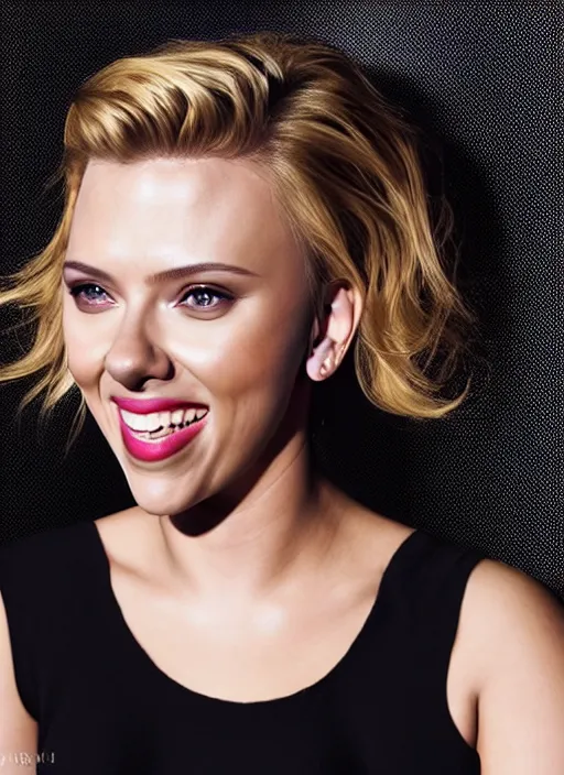 Image similar to scarlett johansson smiling at the camera while putting makeup on her face, real photo, photoshooting, studio light, black background, intricate, epic lighting, cinematic composition, hyper realistic, 8k resolution, unreal engine 5