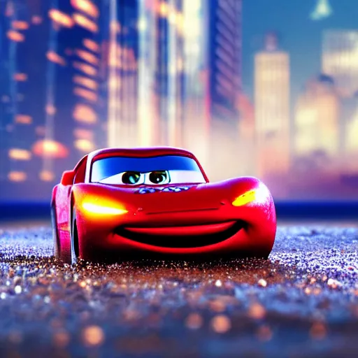 Prompt: lightning mcqueen driving on wet sand on beach, evening, cyberpunk city in the background, photo, 4 k, highly detailed