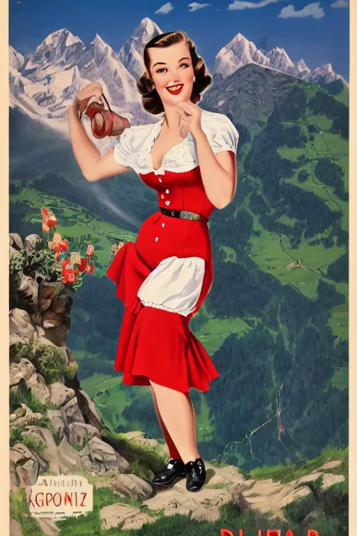 Prompt: 1 9 4 0 s german advertisement poster pinup girl in dirndl, the alps are in the background, unreal engine, global illumination, radiant light, detailed and intricate environment