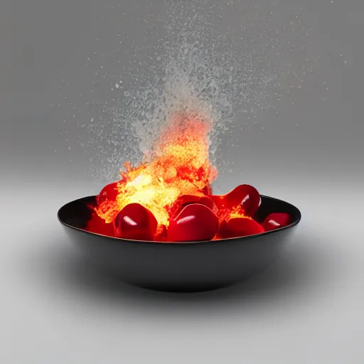 Image similar to cherry just after it explodes, octane render, ue 5 render, detailed fire, detailed explosion, white background