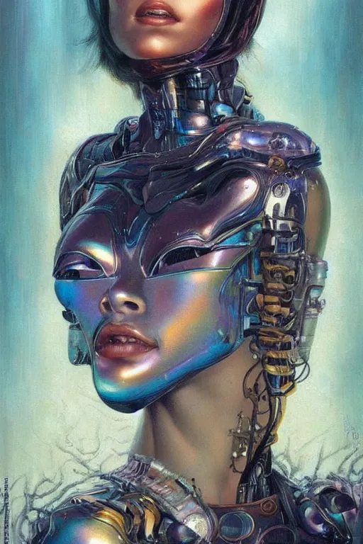 Image similar to portrait of raven, perfect future, iridescent color palette, art by karol bak, 1 9 7 0 s retro future robot android. muted colors