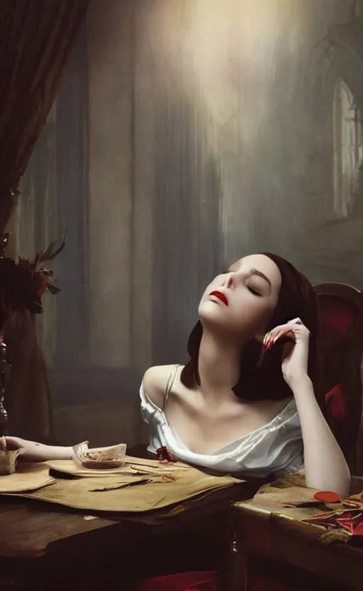 Image similar to a beautiful lady vampire falling asleep at a table, cinematic, art, epic, digital masterpiece, romantic lighting