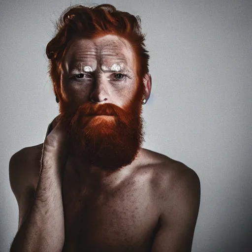 Prompt: futuristic ginger cyborg, bearded, portrait, partly concealed by dramatic shadows, rim lit, hopeful expression, candid photography, nikon, 4k