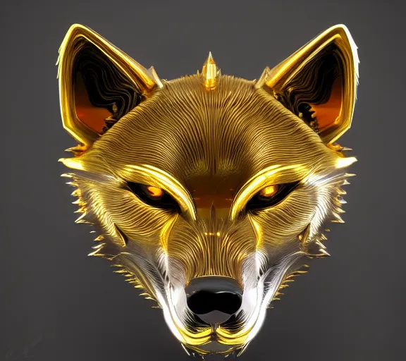 Image similar to chrome and gold wolf, glossy, metallic, neon, symmetrical, tribal patterns, realistic, unreal engine, octane, redshift, artstation, behance